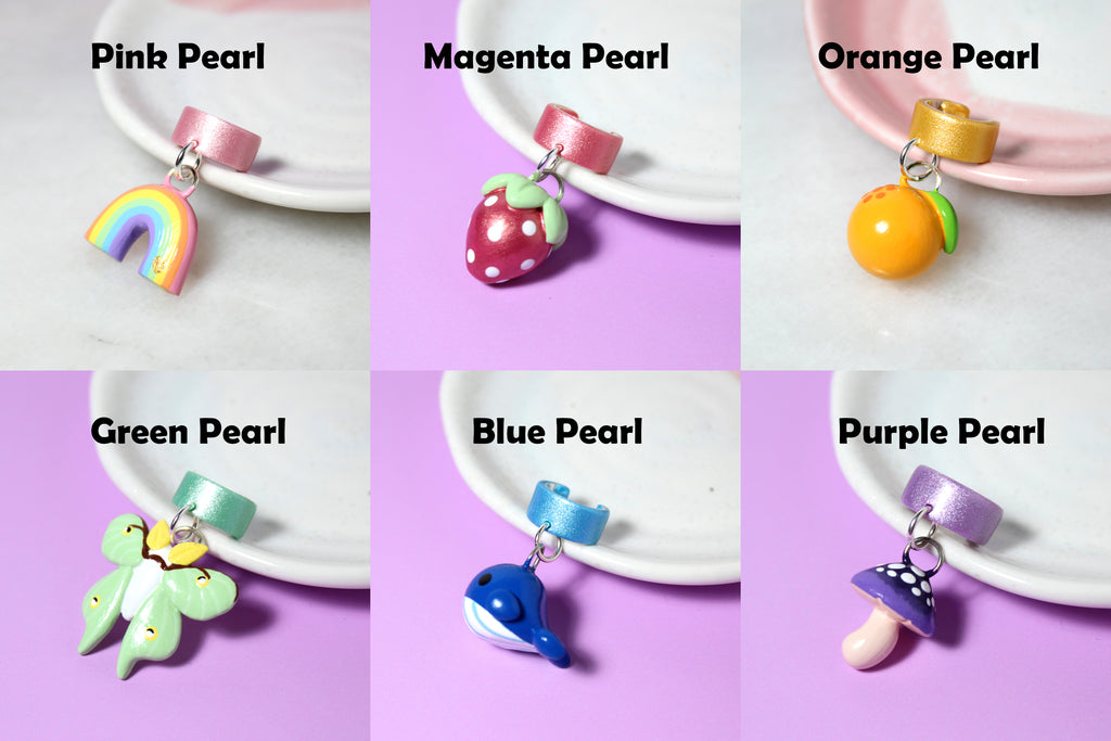 An ear cuff color chart, which reads from left to right: "Pink Pearl, Magenta Pearl, Orange Pearl, Green Pearl, Blue Pearl, Purple Pearl."